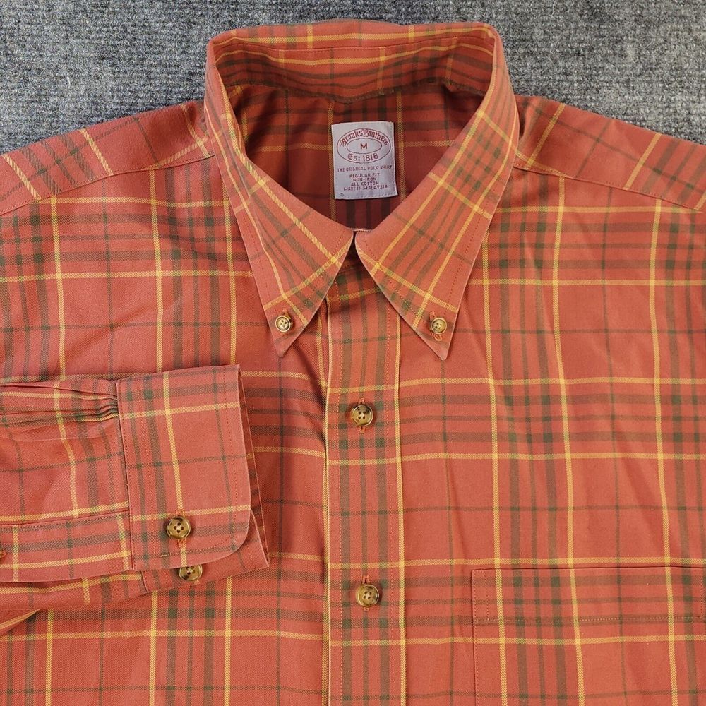 Brooks Brothers Shirt Medium Long Sleeve Button Down Non Iron‎ Orange Plaid